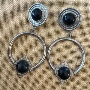 Vintage Silver Tone Black Cabochon Dangle Earrings Geometric Hoop Statement